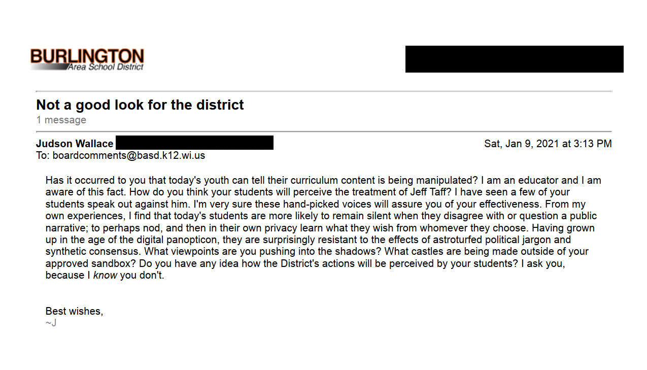 Community comment regarding Jeff Taff investigation/suspension